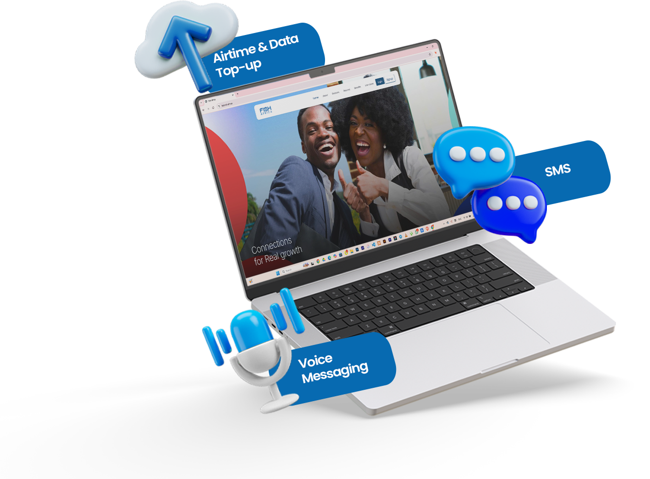 Skywave (STAGING) platform shown on a laptop with SMS, voice, airtime, and data services